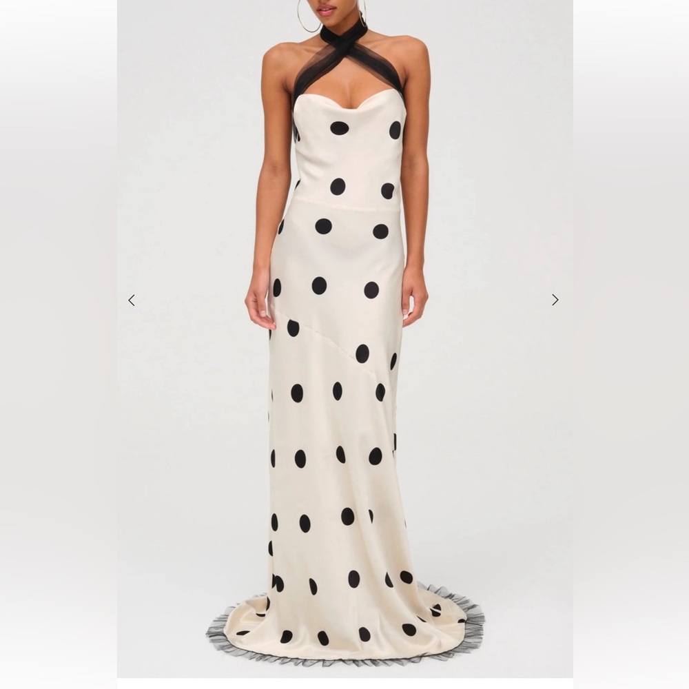 NEW FOR LOVE & LEMONS dorothy dot halter neck gown in white